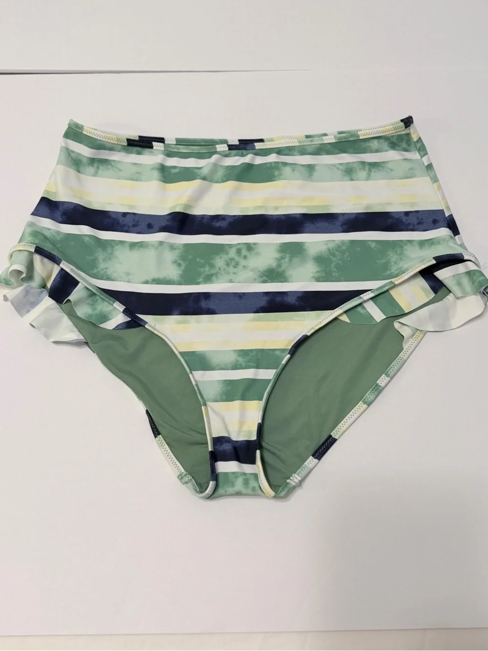 Aerie High Waisted Full Coverage Ruffle Bikini Bottoms Green Striped Tie Dye L